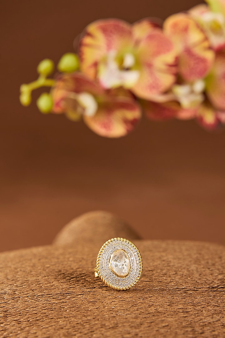 Gold Finish Kundan Polki & White Stone Ring In Sterling Silver by Hunar at Pernia's Pop Up Shop