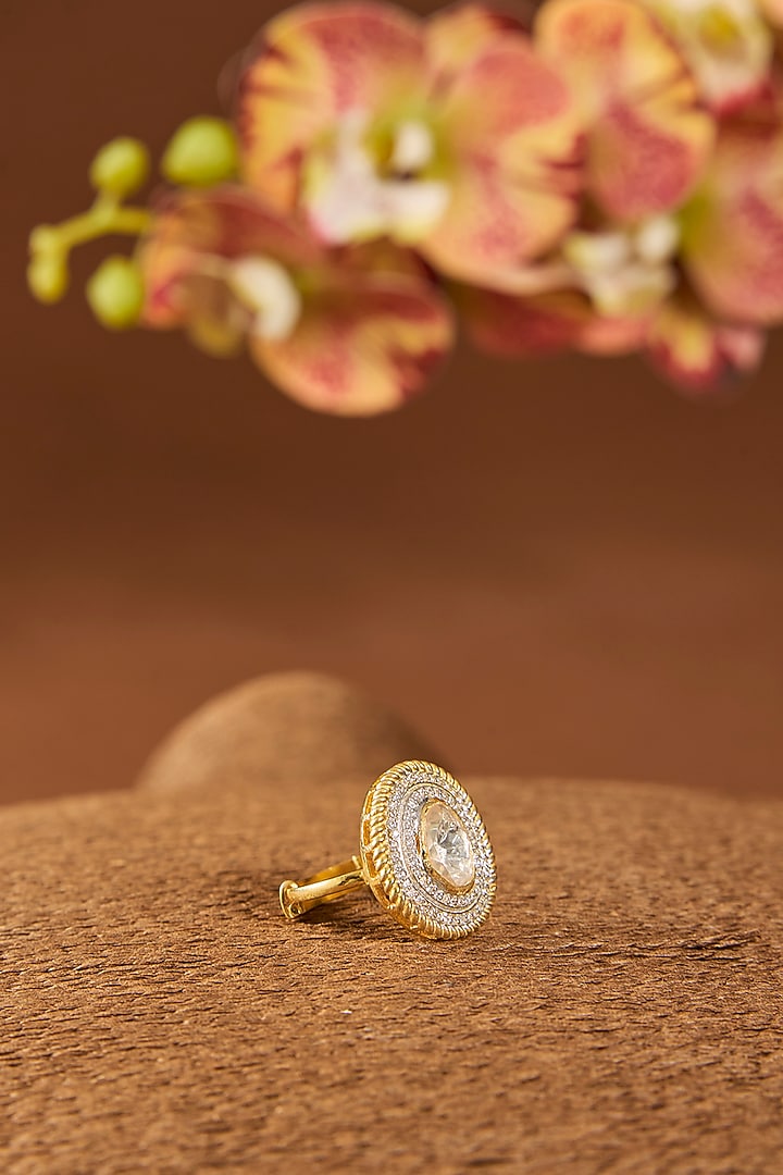 Gold Finish Kundan Polki & White Stone Ring In Sterling Silver by Hunar at Pernia's Pop Up Shop