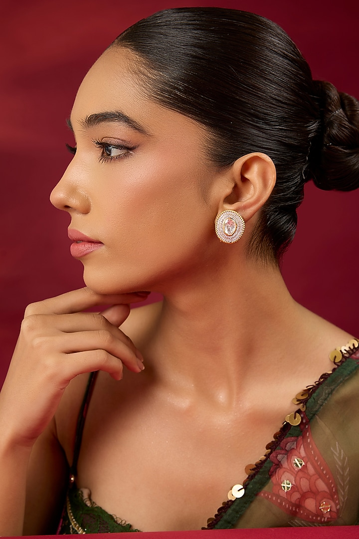 Gold Finish White Stone Stud Earrings In Sterling Silver by Hunar at Pernia's Pop Up Shop