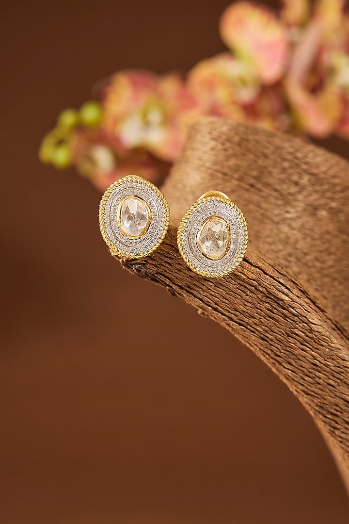 Gold Finish White Stone Stud Earrings In Sterling Silver by Hunar at Pernia's Pop Up Shop