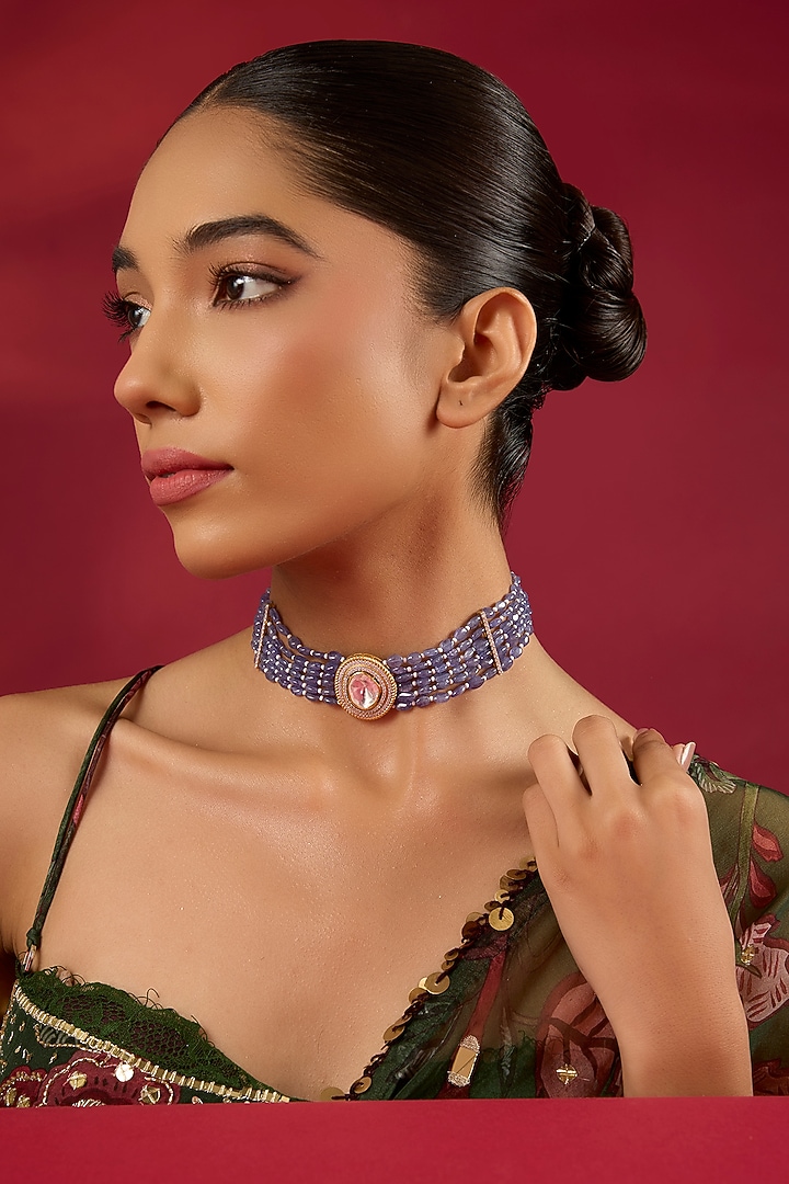 Gold Finish Purple Stone Choker Necklace In Sterling Silver by Hunar at Pernia's Pop Up Shop