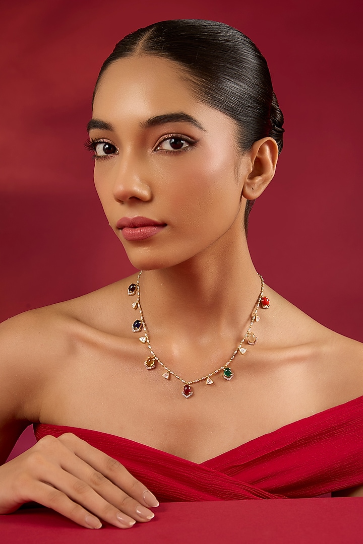 Gold Finish Multi-Colored Stone Necklace In Sterling Silver by Hunar at Pernia's Pop Up Shop