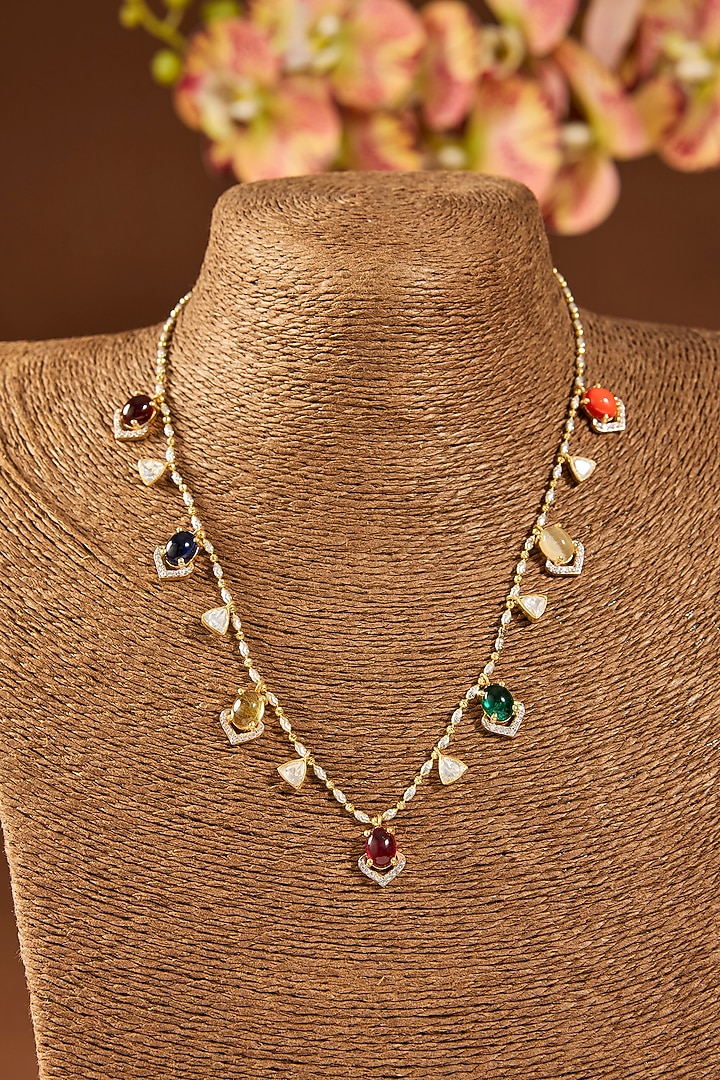 Gold Finish Multi-Colored Stone Necklace In Sterling Silver by Hunar at Pernia's Pop Up Shop