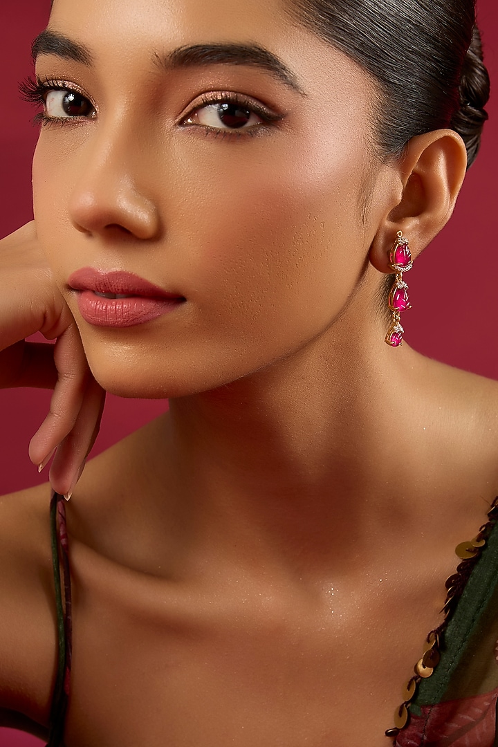 Gold Finish Kundan Polki & Ruby Stone Dangler Earrings by Hunar at Pernia's Pop Up Shop