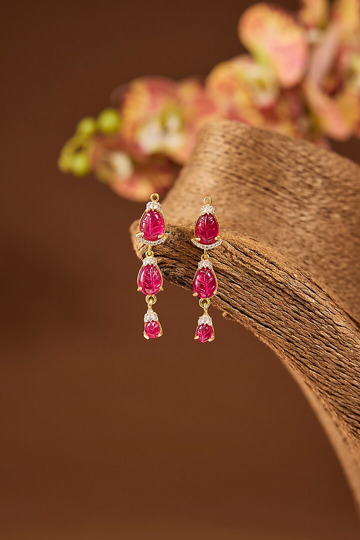 Gold Finish Ruby Stone Dangler Earrings In Sterling Silver by Hunar at Pernia's Pop Up Shop