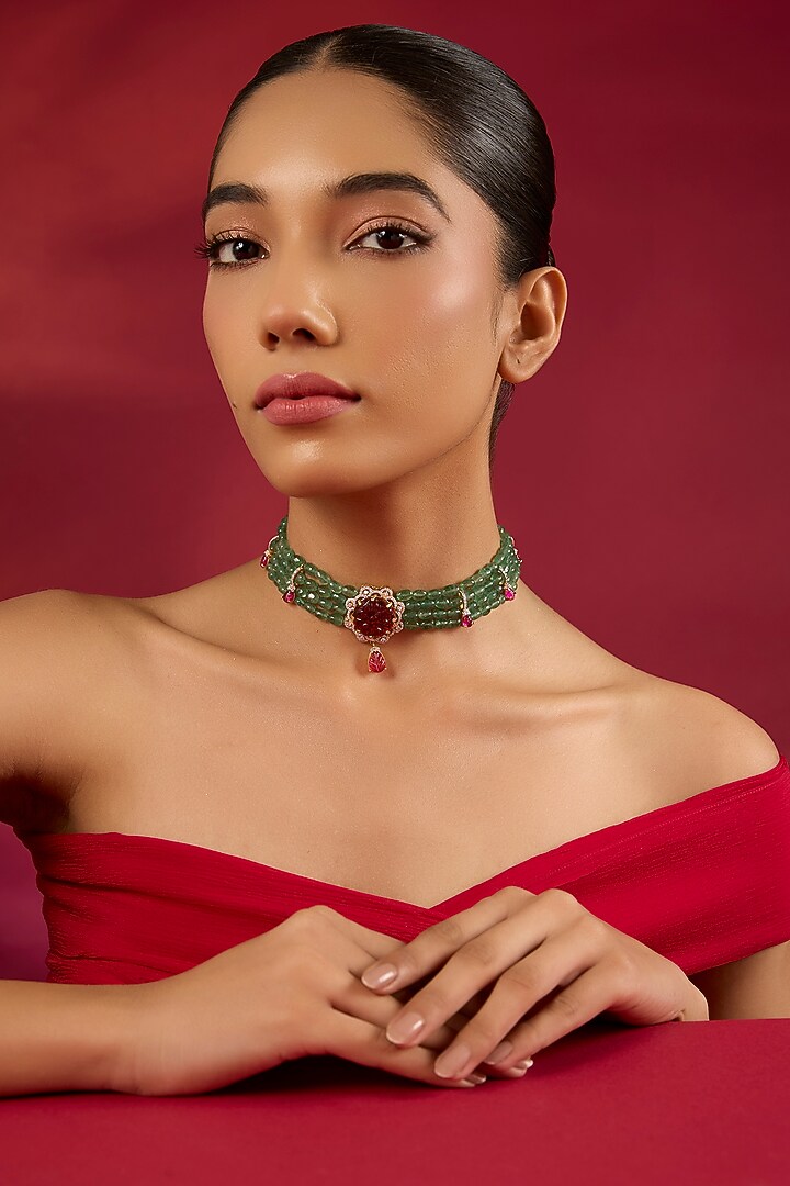 Gold Finish Kundan Polki & Emerald Stone Choker Necklace by Hunar at Pernia's Pop Up Shop
