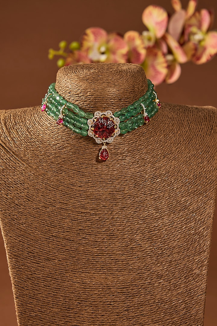 Gold Finish Emerald Stone Choker Necklace In Sterling Silver by Hunar at Pernia's Pop Up Shop