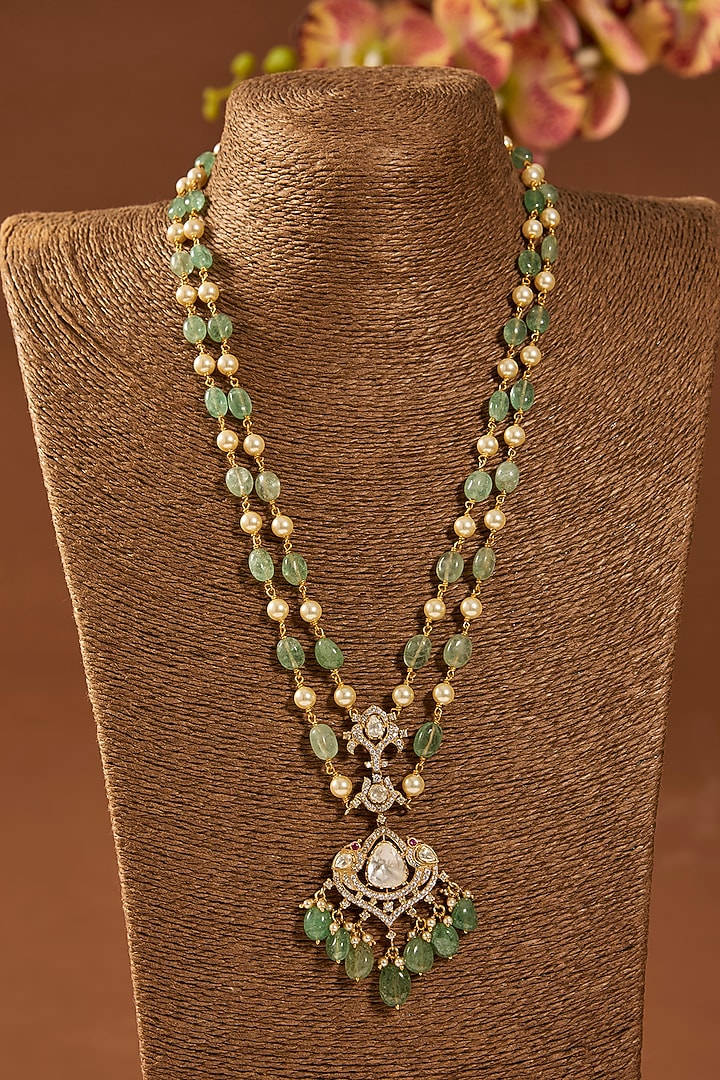 Gold Finish Emerald Stone Layered Necklace In Sterling Silver by Hunar at Pernia's Pop Up Shop