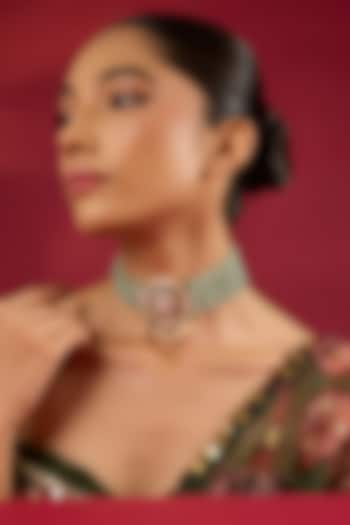 Gold Finish Kundan Polki & Emerald Stone Choker Necklace by Hunar at Pernia's Pop Up Shop