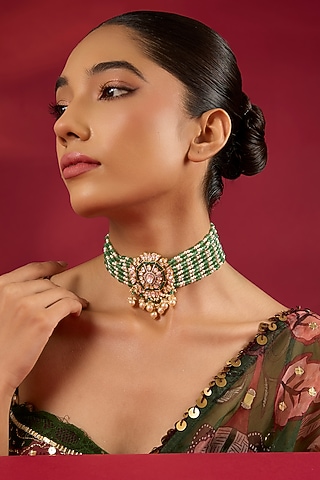 Gold Finish Emerald Stone Choker Necklace In Sterling Silver by Hunar