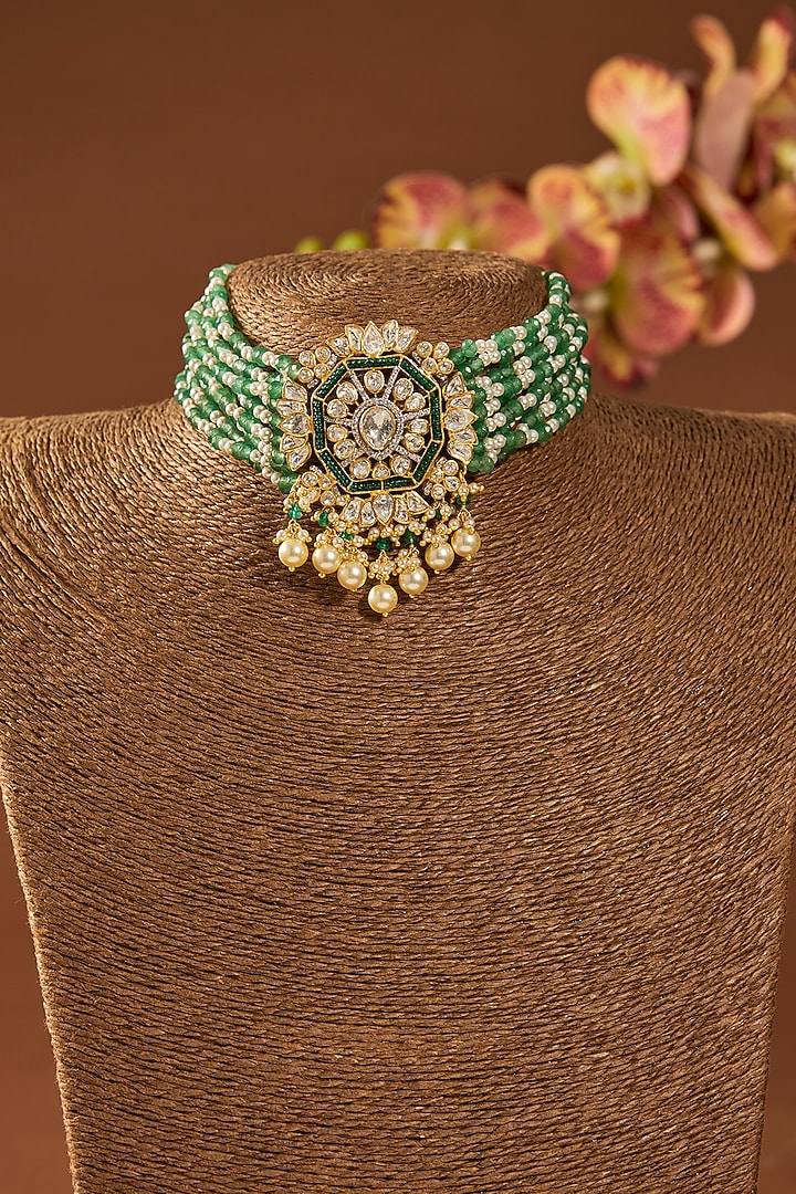 Gold Finish Emerald Stone Choker Necklace In Sterling Silver by Hunar at Pernia's Pop Up Shop