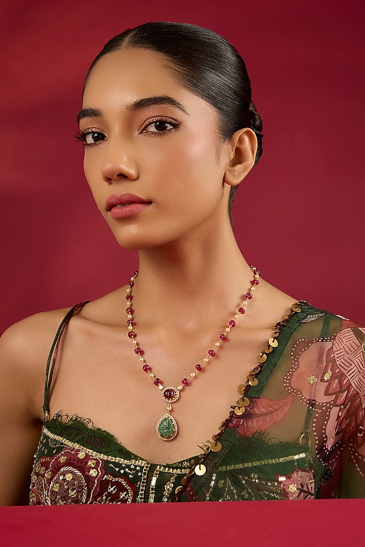 Gold Finish Kundan Polki & Emerald Stone Long Necklace by Hunar at Pernia's Pop Up Shop