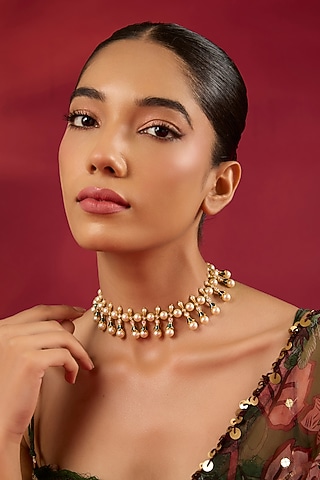 Gold Finish Kundan Polki & Pearl Choker Necklace by Hunar