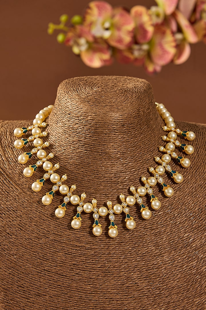 Gold Finish Kundan Polki & Pearl Choker Necklace In Sterling Silver by Hunar at Pernia's Pop Up Shop