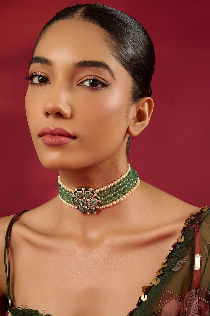 Gold Finish Kundan Polki & Emerald Stone Choker Necklace by Hunar at Pernia's Pop Up Shop