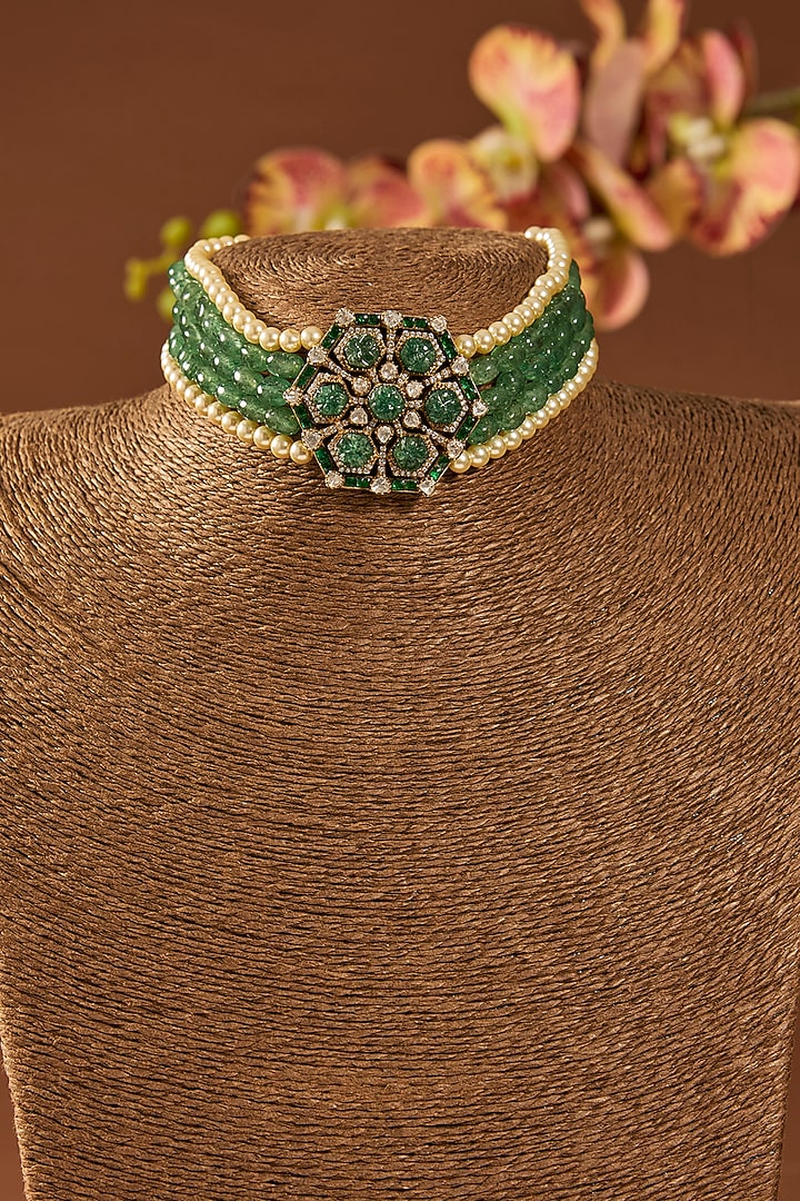 Gold Finish Kundan Polki & Emerald Stone Choker Necklace In Sterling Silver by Hunar at Pernia's Pop Up Shop