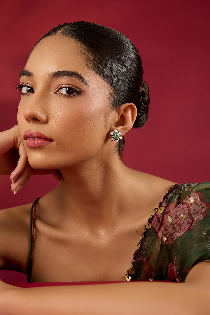 Gold Finish Kundan Polki & Emerald Stone Stud Earrings by Hunar at Pernia's Pop Up Shop