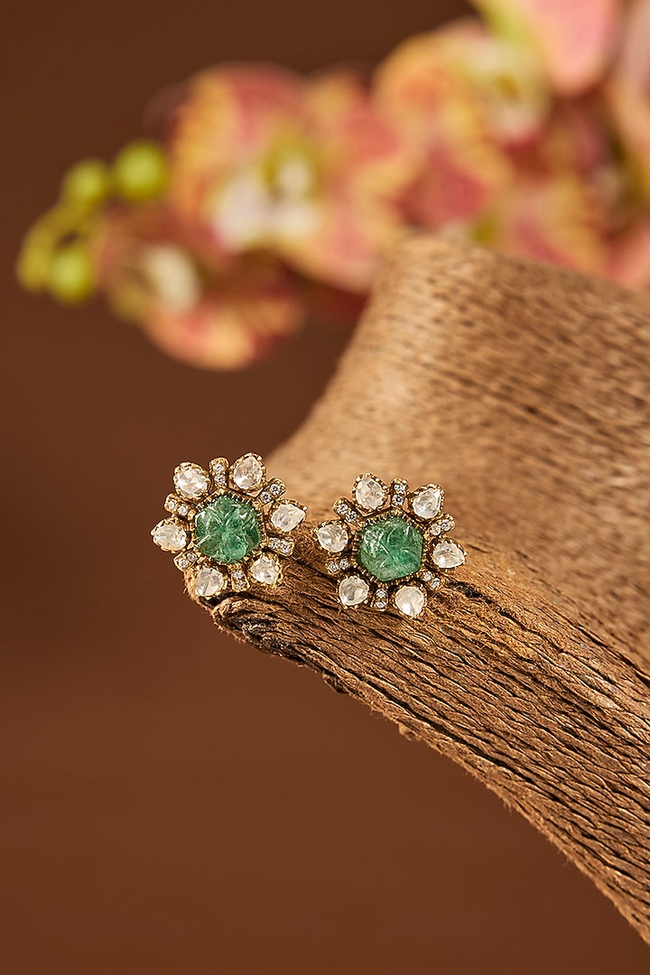 Gold Finish Kundan Polki & Emerald Stone Stud Earrings In Sterling Silver by Hunar at Pernia's Pop Up Shop