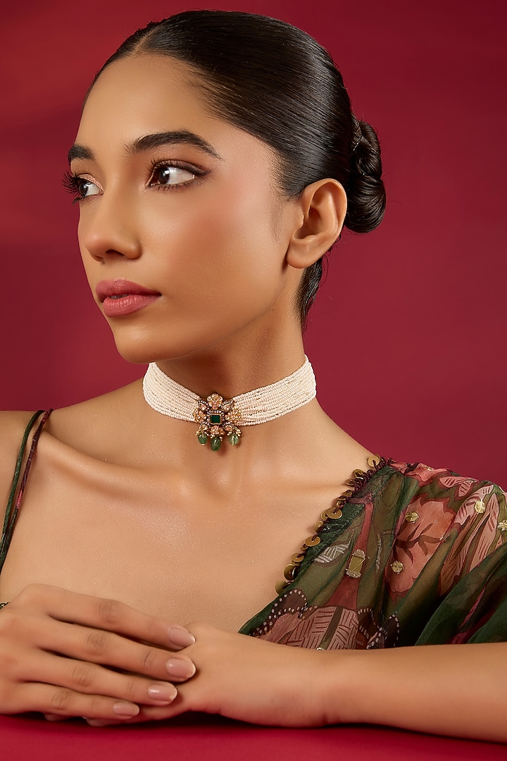 Gold Finish Kundan Polki & Pearl Choker Necklace by Hunar at Pernia's Pop Up Shop