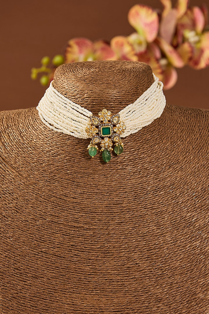 Gold Finish Kundan Polki & Pearl Choker Necklace In Sterling Silver by Hunar at Pernia's Pop Up Shop