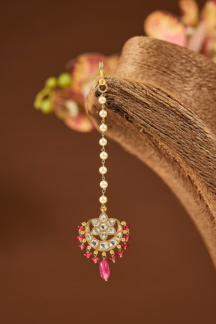 Gold Finish Kundan Polki & Ruby Stone Maangtikka In Sterling Silver by Hunar at Pernia's Pop Up Shop