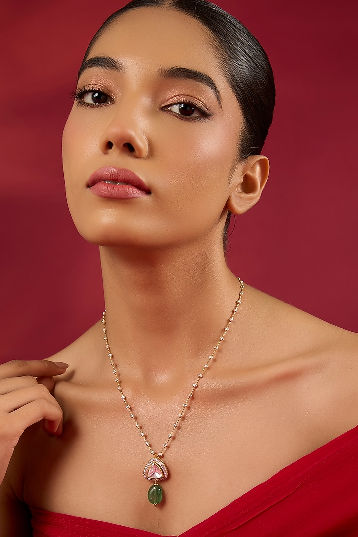 Gold Finish Kundan Polki & Emerald Stone Necklace by Hunar at Pernia's Pop Up Shop