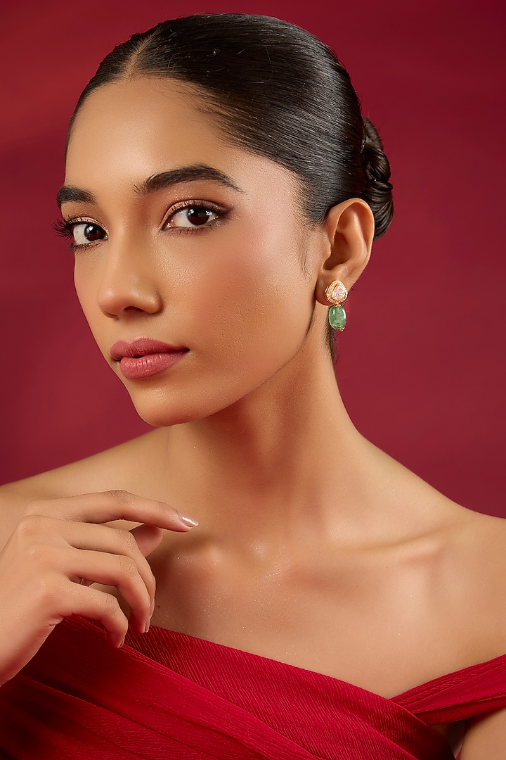 Gold Finish Kundan Polki & Emerald Stone Dangler Earrings by Hunar at Pernia's Pop Up Shop