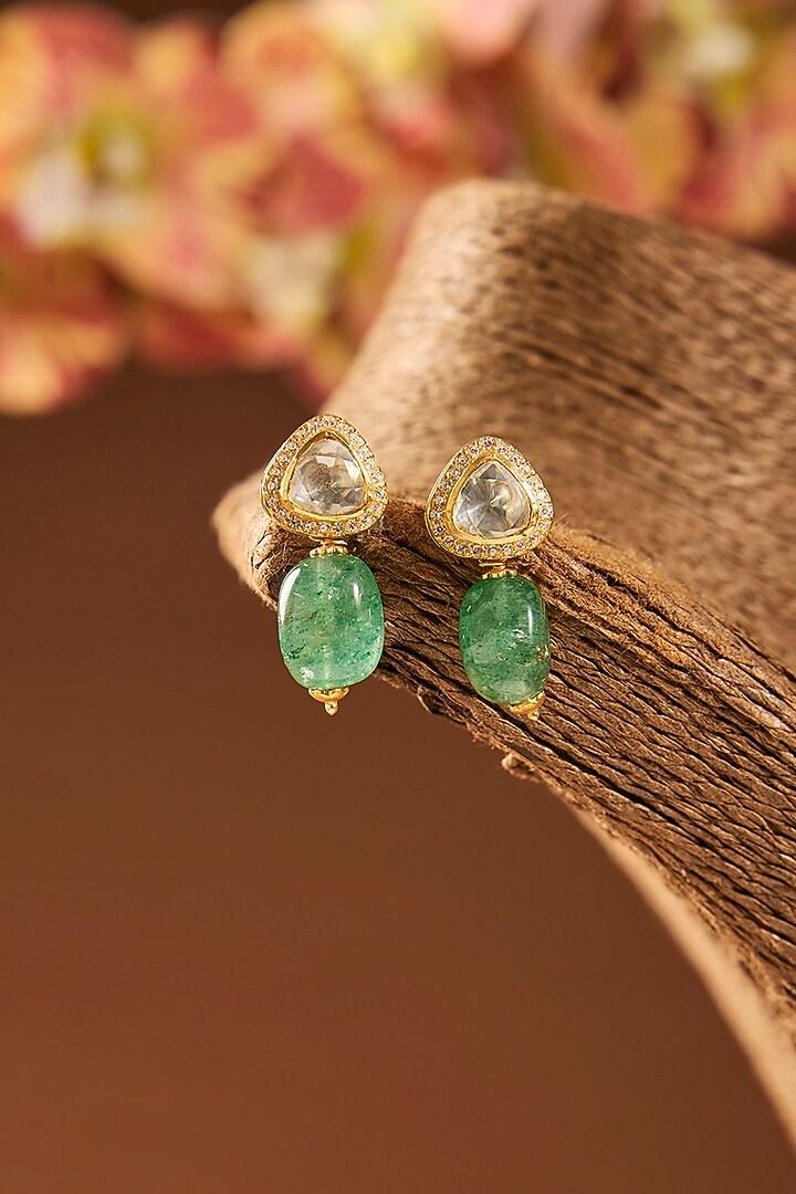 Gold Finish Kundan Polki & Emerald Stone Dangler Earrings In Sterling Silver by Hunar at Pernia's Pop Up Shop