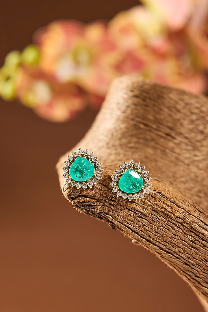 Gold Finish Kundan Polki & Emerald Stone Stud Earrings In Sterling Silver by Hunar at Pernia's Pop Up Shop