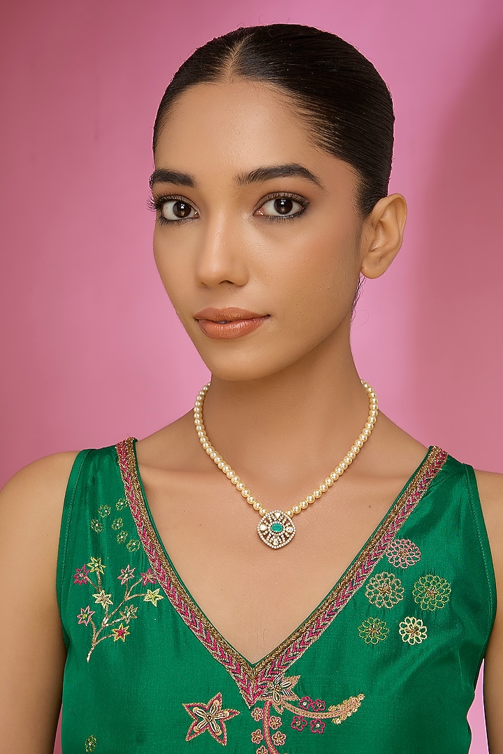 Gold Finish Kundan Polki & Green Stone Necklace by Hunar at Pernia's Pop Up Shop