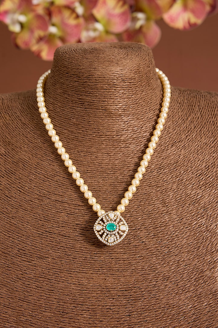 Gold Finish Kundan Polki & Green Stone Necklace In Sterling Silver by Hunar at Pernia's Pop Up Shop