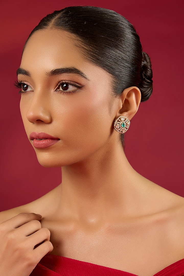 Gold Finish Kundan Polki & Emerald Stone Stud Earrings by Hunar at Pernia's Pop Up Shop