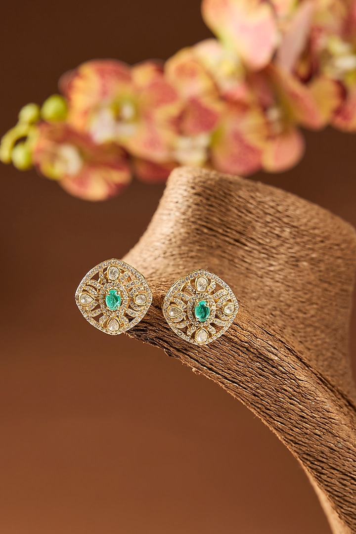 Gold Finish Kundan Polki & Emerald Stone Stud Earrings In Sterling Silver by Hunar at Pernia's Pop Up Shop