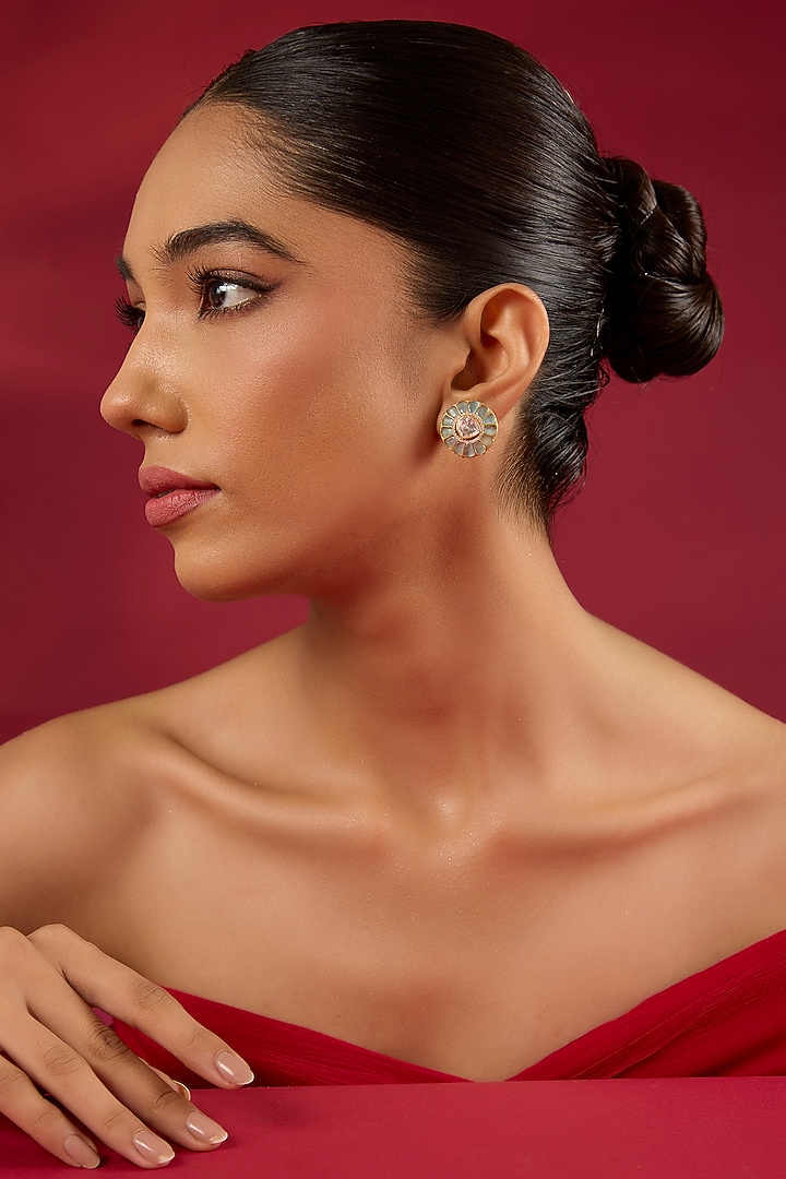 Gold Finish Kundan Polki & Turquoise Stone Stud Earrings by Hunar at Pernia's Pop Up Shop