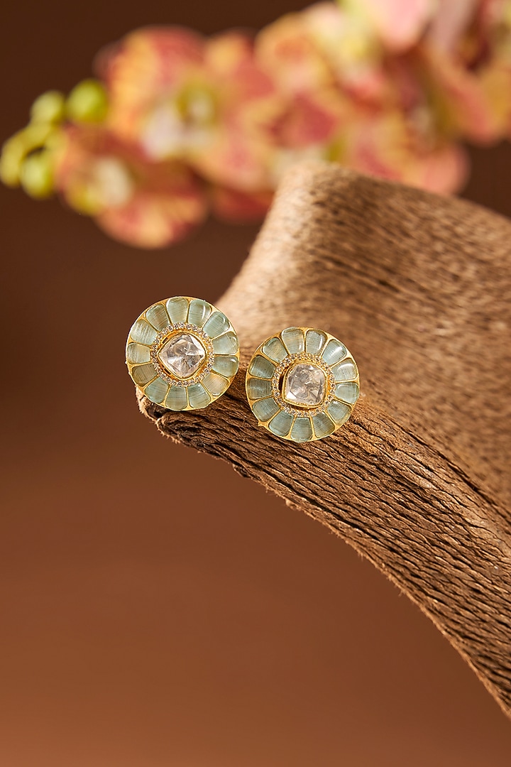 Gold Finish Kundan Polki & Turquoise Stone Stud Earrings In Sterling Silver by Hunar at Pernia's Pop Up Shop