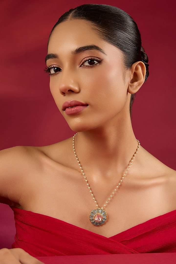 Gold Finish Kundan Polki & Turquoise Stone Necklace by Hunar at Pernia's Pop Up Shop