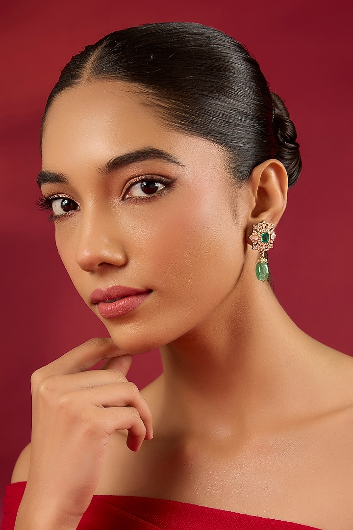 Gold Finish Kundan Polki & Emerald Stone Dangler Earrings by Hunar at Pernia's Pop Up Shop