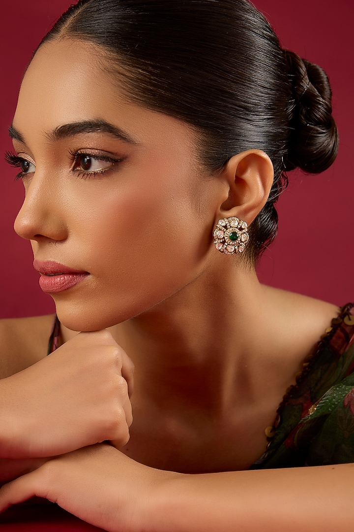 Gold Finish Kundan Polki & Emerald Stone Stud Earrings by Hunar at Pernia's Pop Up Shop