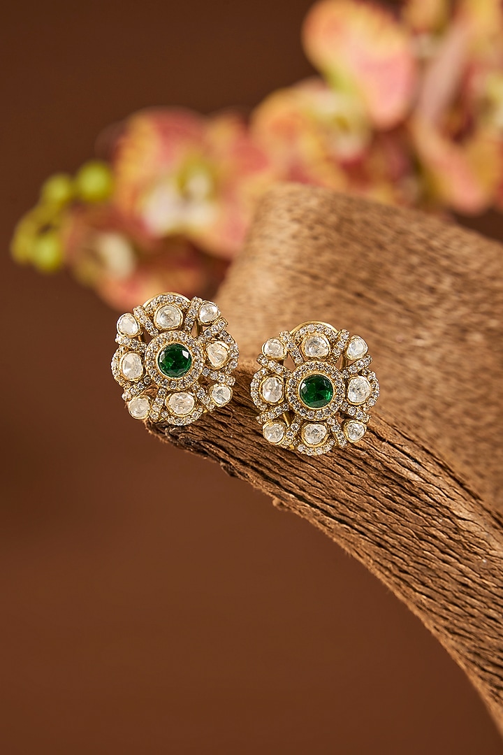 Gold Finish Kundan Polki & Emerald Stone Stud Earrings In Sterling Silver by Hunar at Pernia's Pop Up Shop