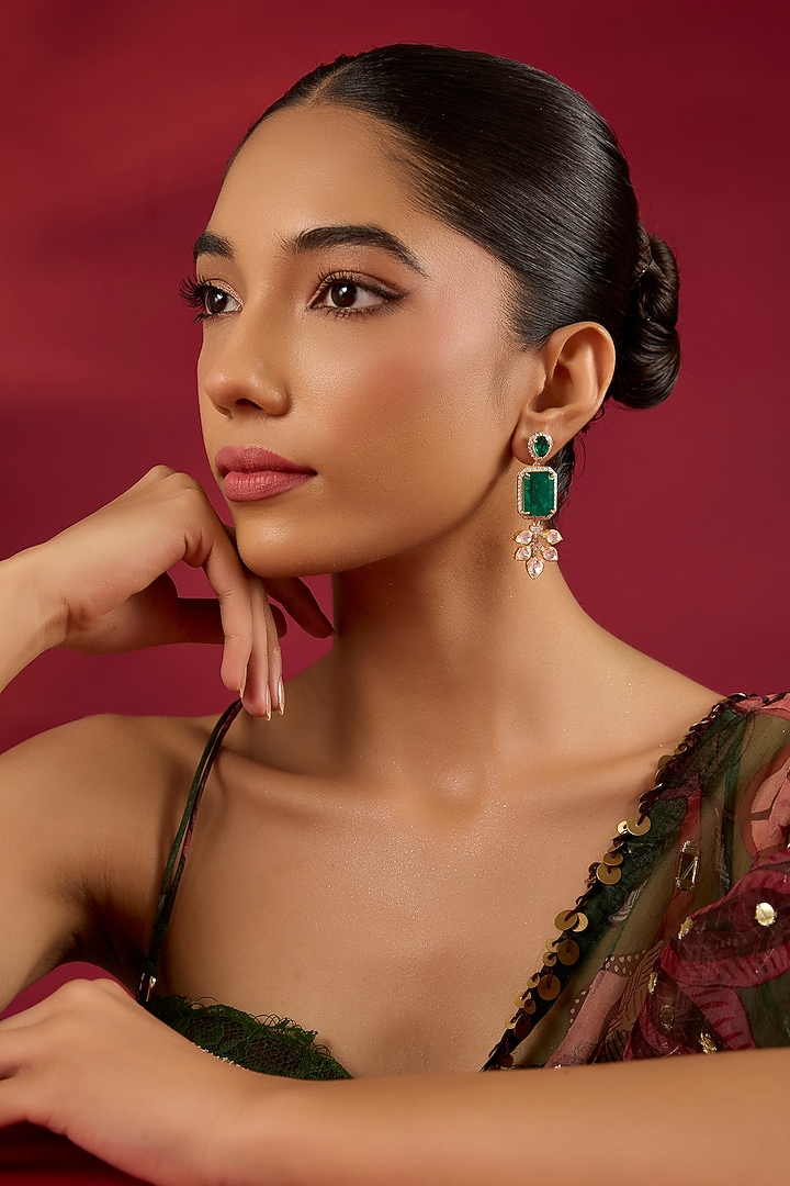 Gold Finish Kundan Polki & Emerald Stone Dangler Earrings by Hunar at Pernia's Pop Up Shop