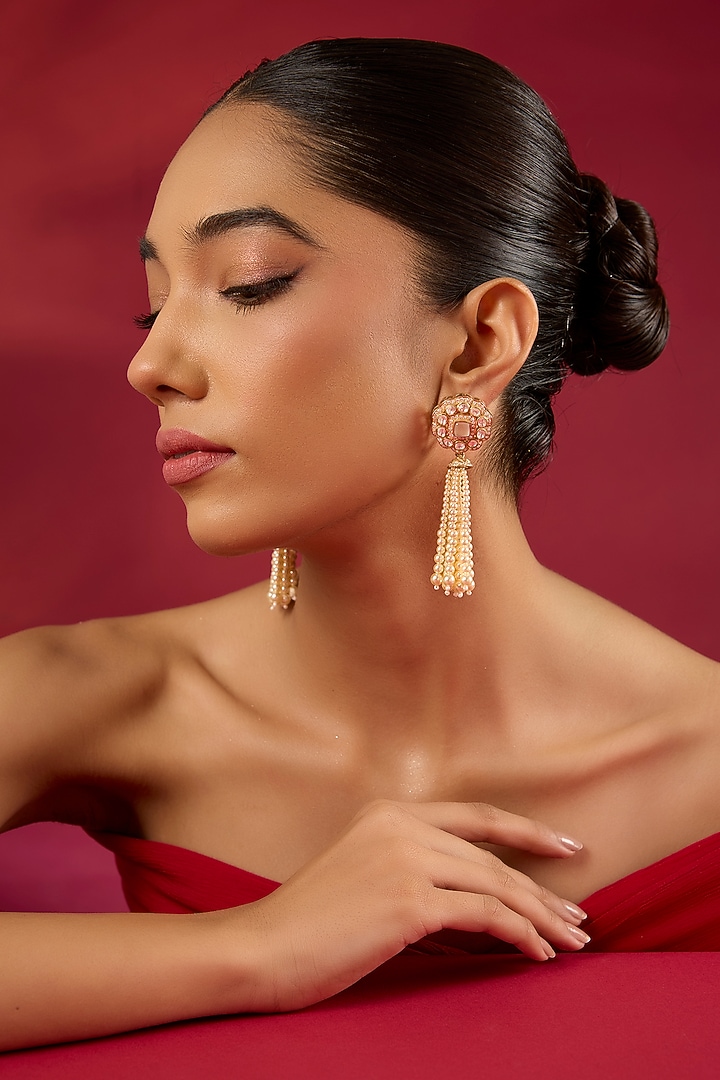 Gold Finish Kundan Polki & Pearl Dangler Earrings by Hunar at Pernia's Pop Up Shop