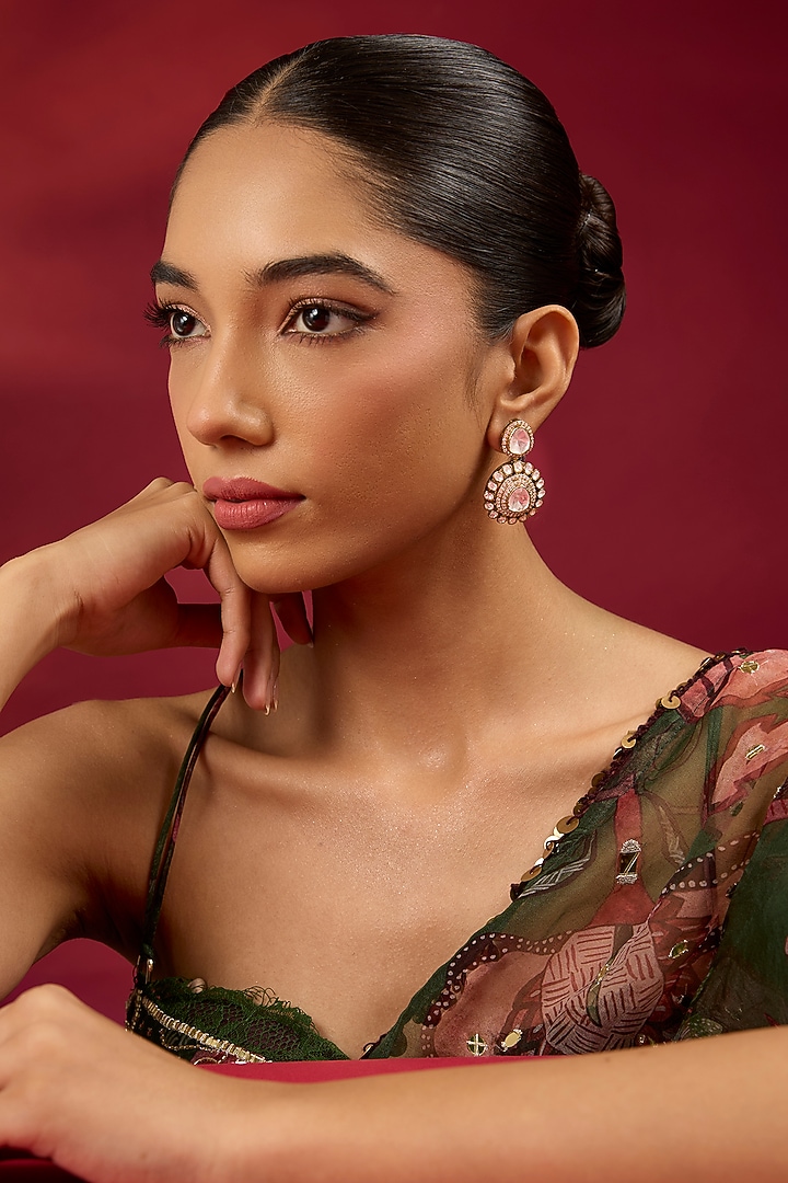 Gold Finish Kundan Polki & White Stone Dangler Earrings by Hunar at Pernia's Pop Up Shop