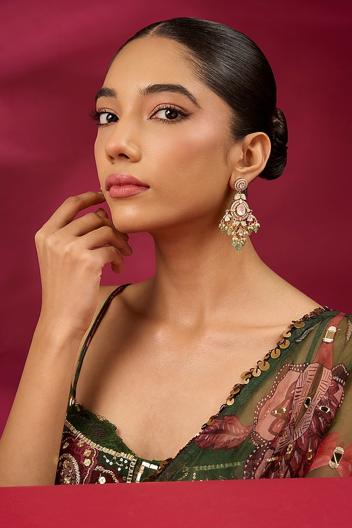 Gold Finish Kundan Polki & White Stone Dangler Earrings by Hunar at Pernia's Pop Up Shop