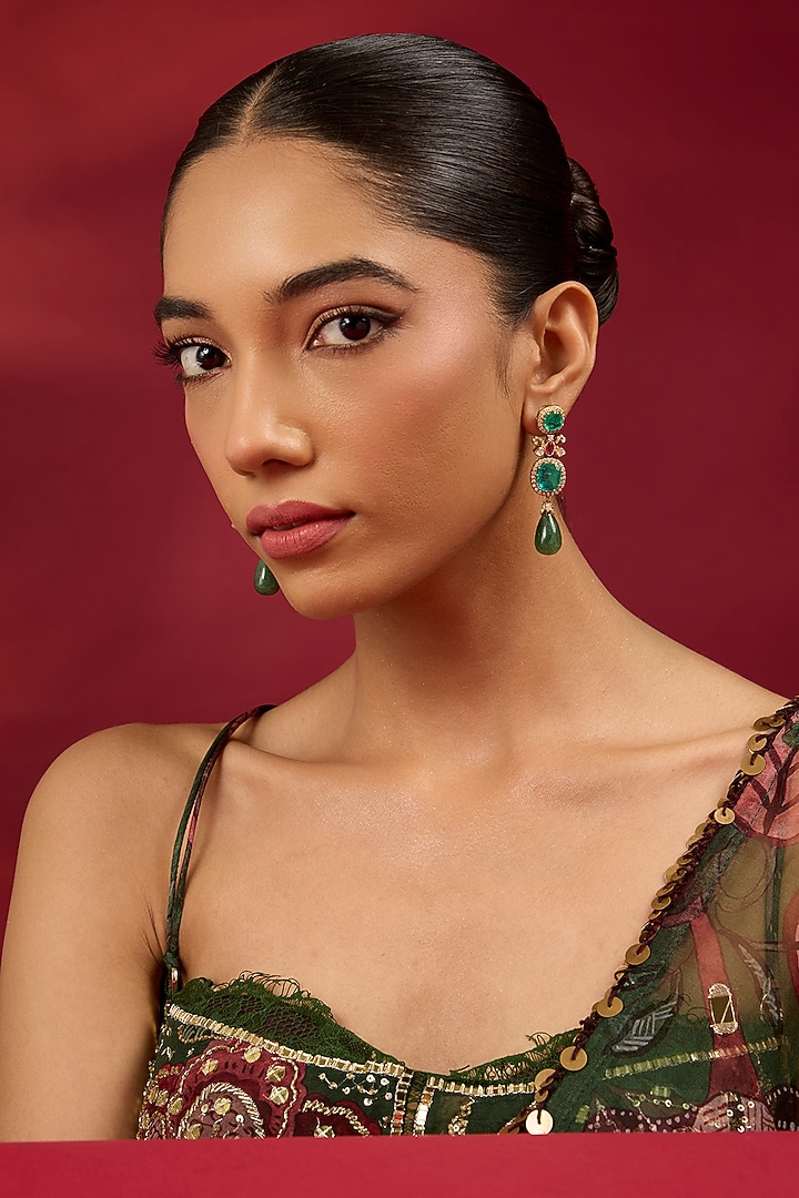 Gold Finish Kundan Polki & Emerald Stone Dangler Earrings by Hunar at Pernia's Pop Up Shop