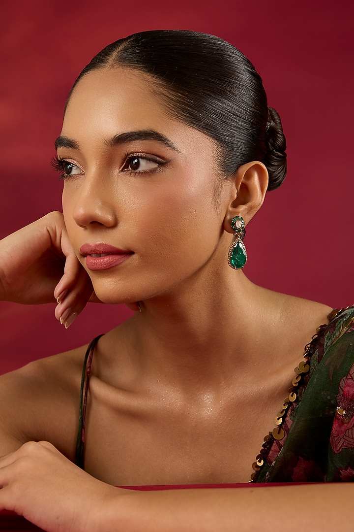 Gold Finish Kundan Polki & Emerald Stone Dangler Earrings by Hunar at Pernia's Pop Up Shop
