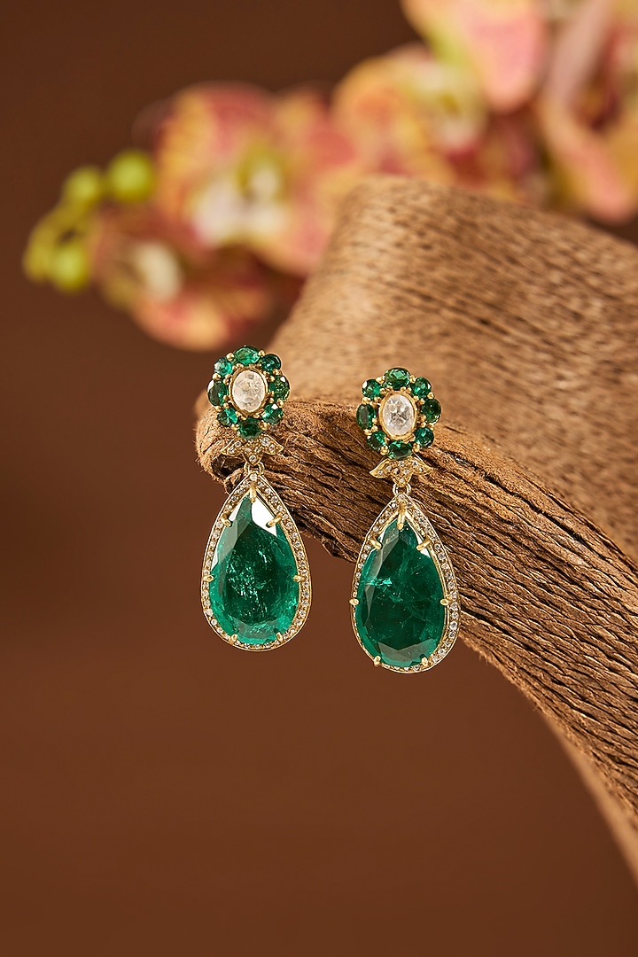 Gold Finish Emerald Stone Dangler Earrings In Sterling Silver by Hunar at Pernia's Pop Up Shop