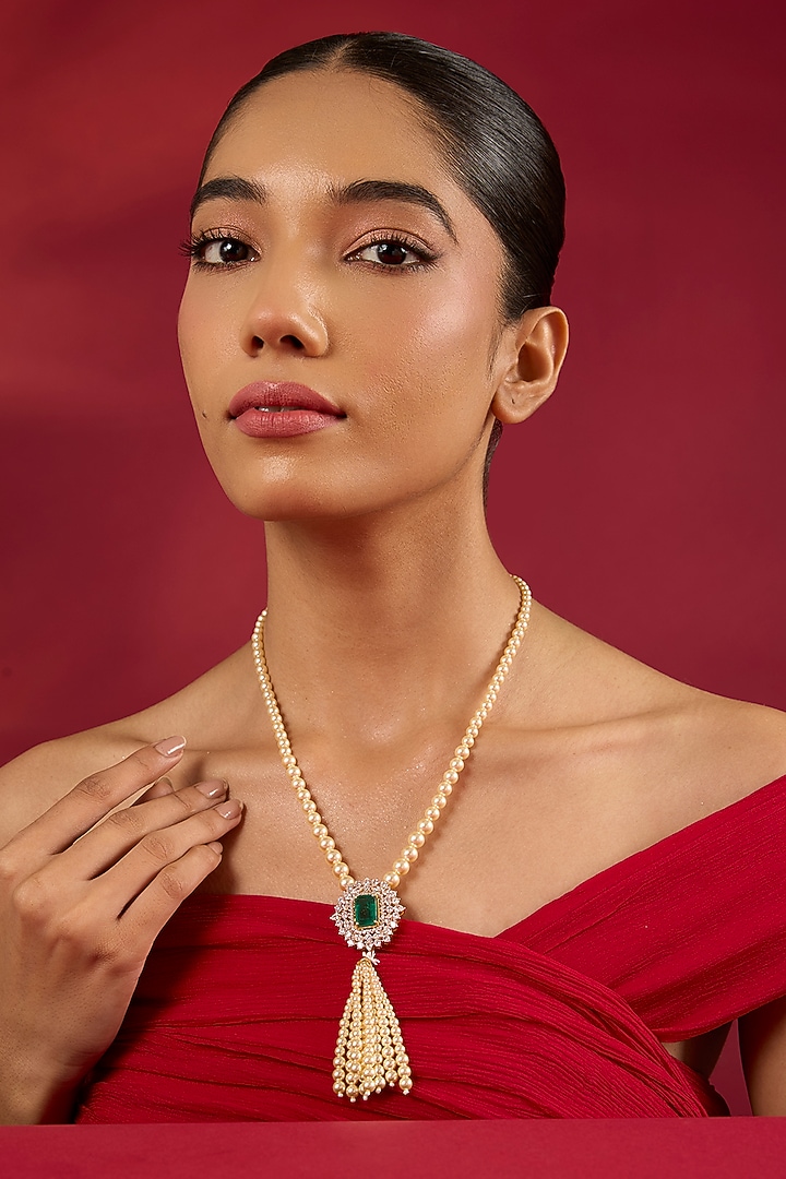 Gold Finish Kundan Polki & Pearl Long Necklace by Hunar at Pernia's Pop Up Shop