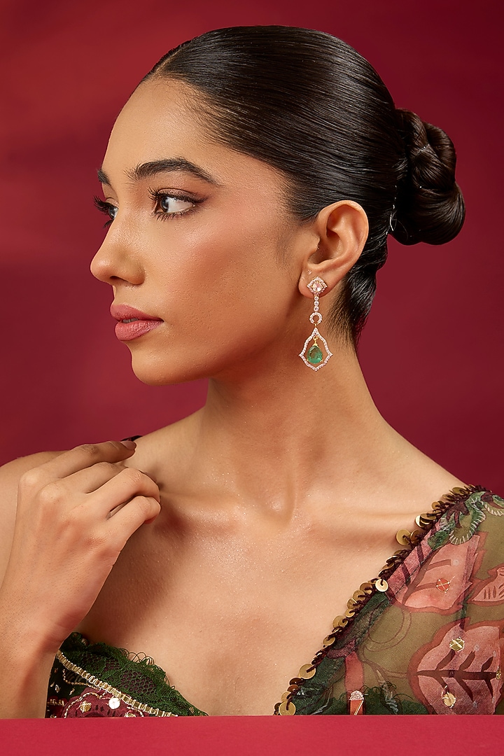 Gold Finish Kundan Polki & Emerald Stone Dangler Earrings by Hunar at Pernia's Pop Up Shop