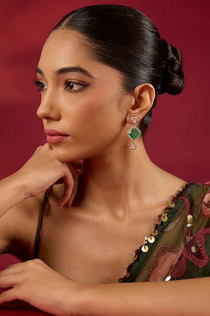 Gold Finish Kundan Polki & Emerald Stone Dangler Earrings by Hunar at Pernia's Pop Up Shop