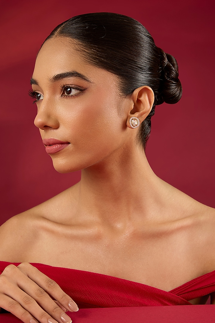 Gold Finish Kundan Polki & White Stone Stud Earrings by Hunar at Pernia's Pop Up Shop